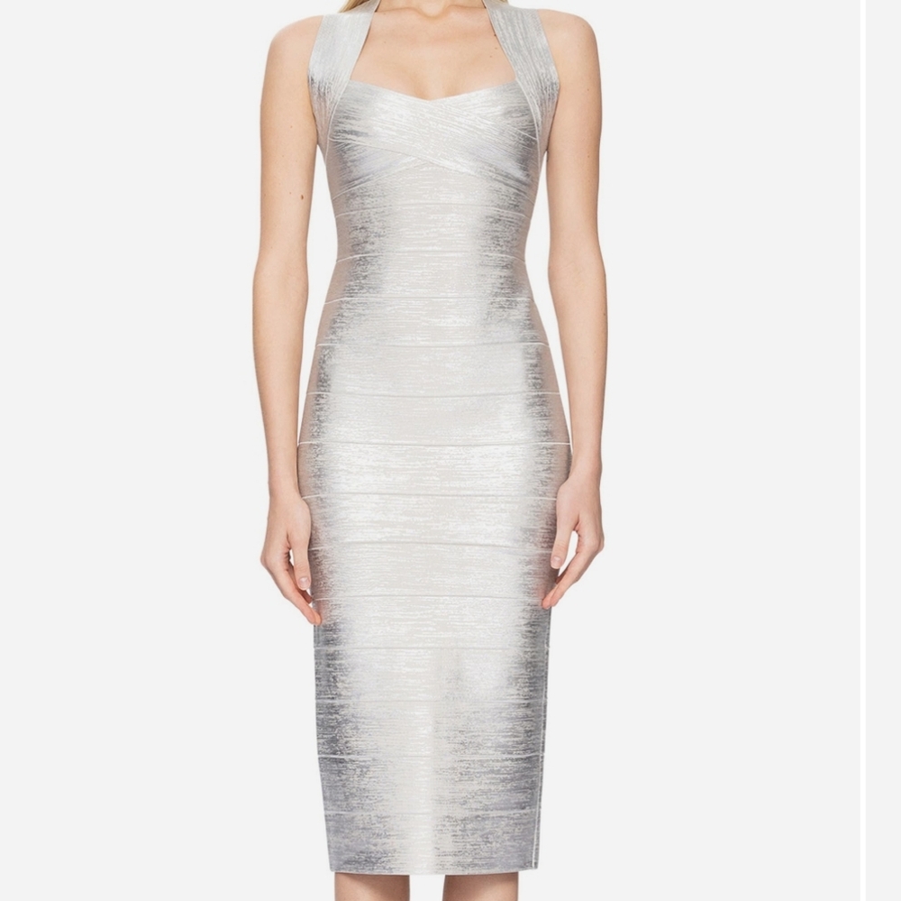 NWT Herve Leger Metallic Foil Bandage Midi Dress - Picture 1 of 14